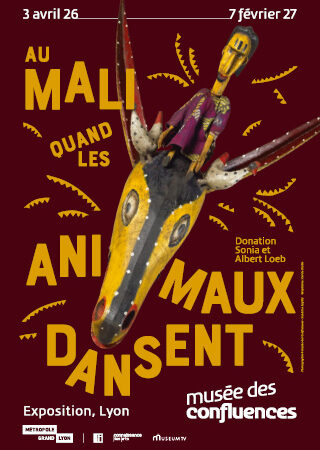 Masque antilope chevaline en bois peint avec marionnettes sogo bò, exposition Au Mali quand les animaux dansent, musée des Confluences Lyon 2026