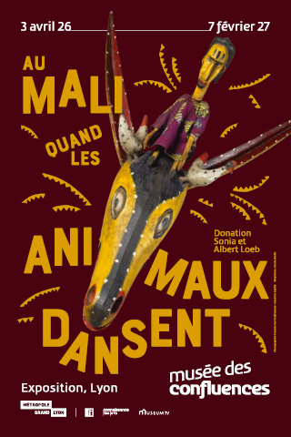 Masque antilope chevaline en bois peint avec marionnettes sogo bò, exposition Au Mali quand les animaux dansent, musée des Confluences Lyon 2026